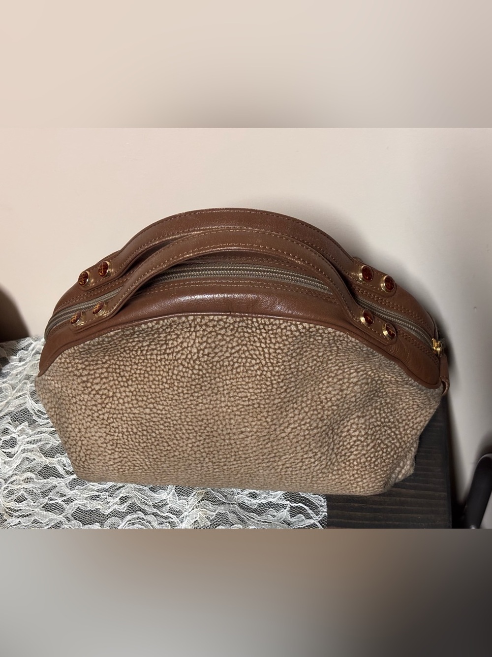 Vintage Brown Bonald Dome Sherpa-Texture Shoulder Bag